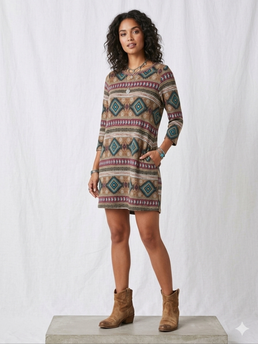 Aztec-Pattern Long Sleeve Tunic Dress - Teal & Tan